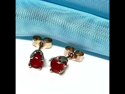 Real dark coral yellow gold round clawed set stud earrings, simply gorgeous four claw design