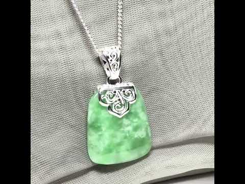 Real jade necklace green sterling silver large cushion shaped, a gorgeous designed pendant with chain