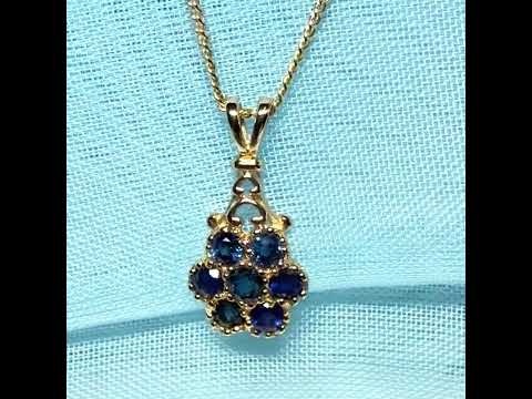Yellow gold real blue sapphire round daisy shaped necklace pendant