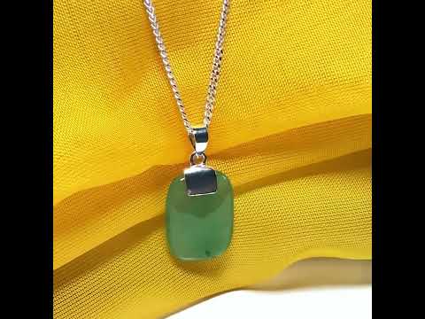 Real green jade necklace cushion shaped silver with a chain, truly stunning pendant