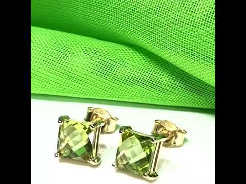 Real green peridot square cut stud earrings yellow gold