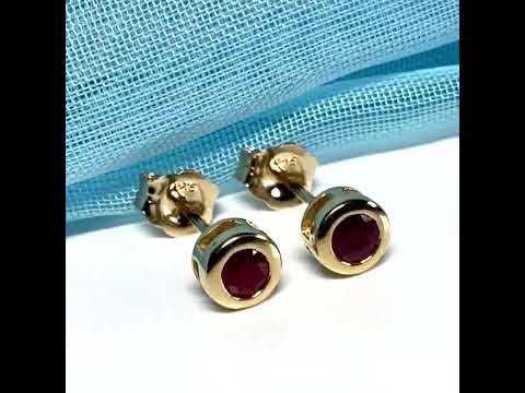 Pair of real red ruby earrings round yellow gold stud smooth rubbed over