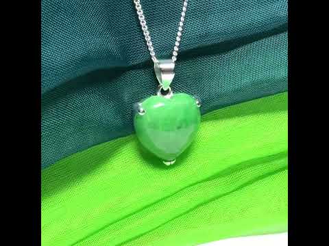 Video of a real dark green jade pendant necklace heart shape sterling silver and a chain
