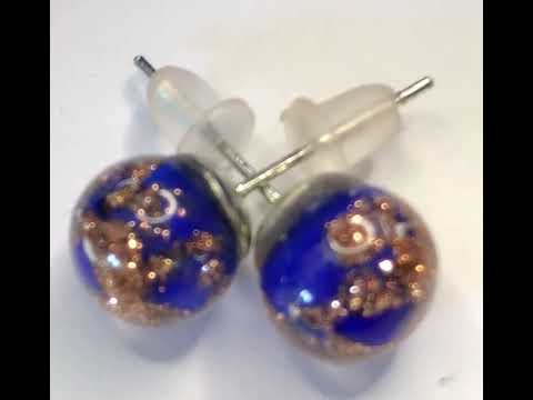 Video of a pair of Real Murano Glass Round Ball Shaped Blue Stud Earrings