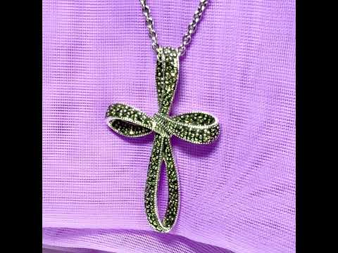 Large fancy shaped real marcasite open cross and chain solid sterling silver