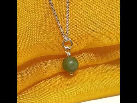 Small round real green gypsum necklace ball shape pendant with chain 8.5 mm diameter