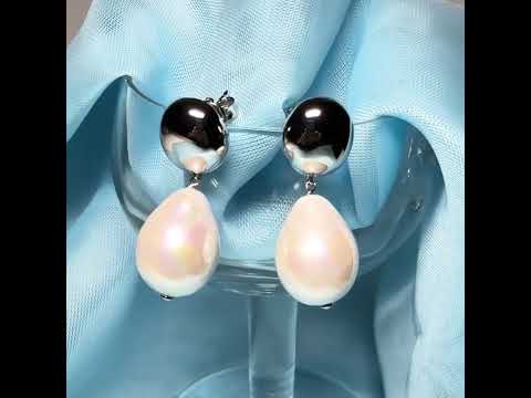 Video of a pair of large real freshwater cultured pearl sterling silver drop earrings pear shaped