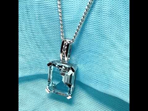 Square shaped real blue topaz necklace and cubic zirconia sterling silver pendant