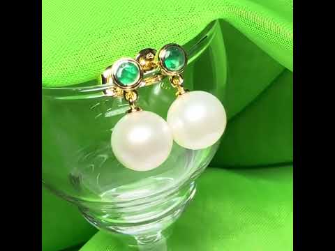 Real freshwater cultured pearl and real emerald round drop earrings sterling silver with yellow gold plating