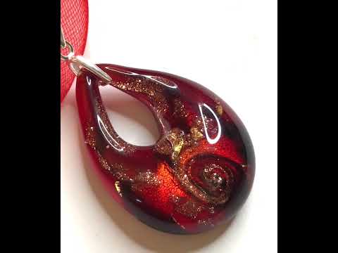 Video of a necklace real Murano glass red gold coloured pear shaped pendant