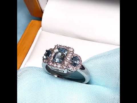 Real aquamarine and diamond trilogy ring white gold square and round dress cocktail