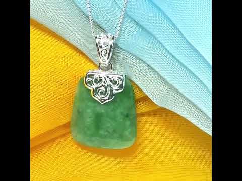 A real jade necklace green sterling silver large cushion shaped, with a beautiful designed pendant with a chain