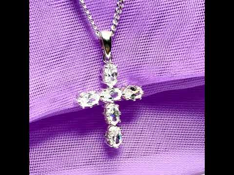 Sparkling fancy cubic zirconia set sterling silver cross with chain