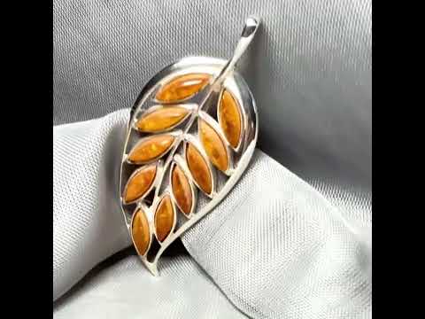 Sterling Silver Real Amber Leaf Brooch