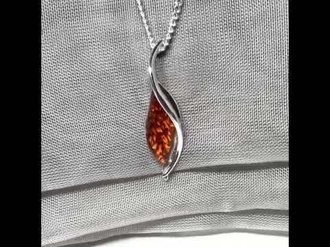Real amber necklace sterling silver twisted marquise shaped amber pendant