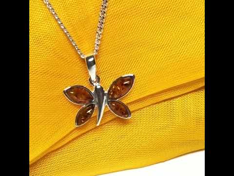 Real amber butterfly shaped necklace sterling silver pendant with chain