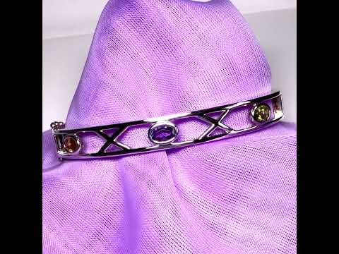 Sterling silver oval real peridot, real amethyst and real citrine, purple, green and yellow open pierced kiss bangle