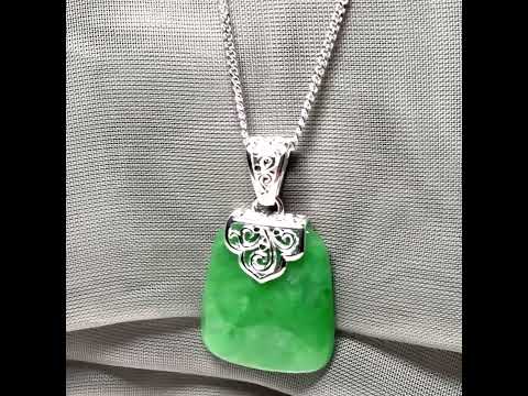 A stunning real jade necklace green sterling silver large cushion shaped pendant