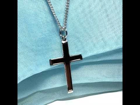 Polished beaded edge solid sterling silver cross including chain