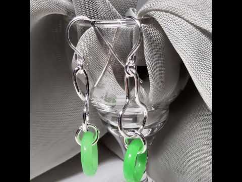 Round real green jade sterling silver dangling dropped earrings