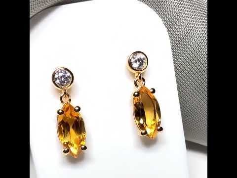 Real yellow citrine and real cubic zirconia marquise and round drop earrings sterling silver with yellow gold plating