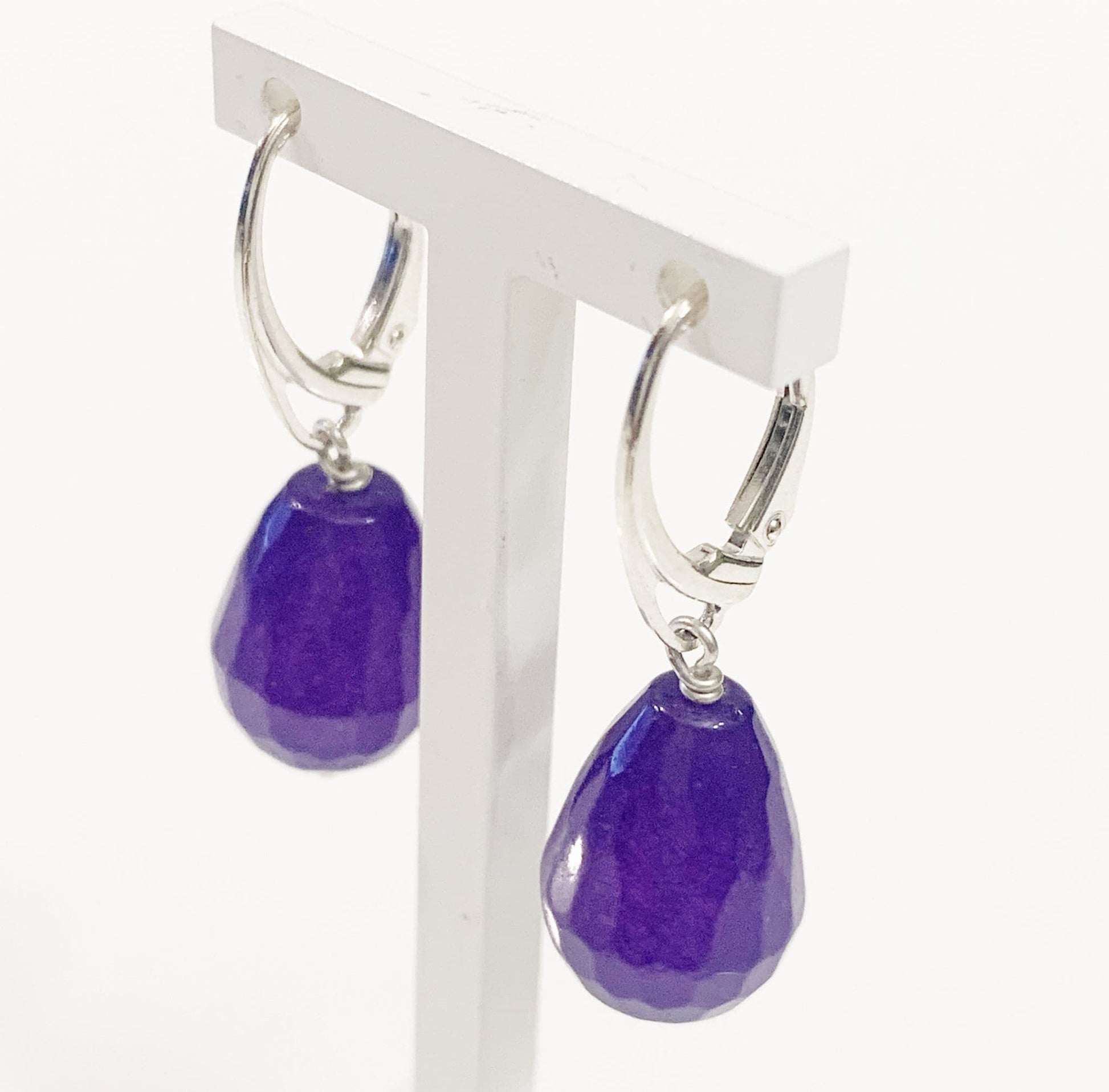 Purple Jade Teardrop Shaped Sterling Silver Drop Earrings