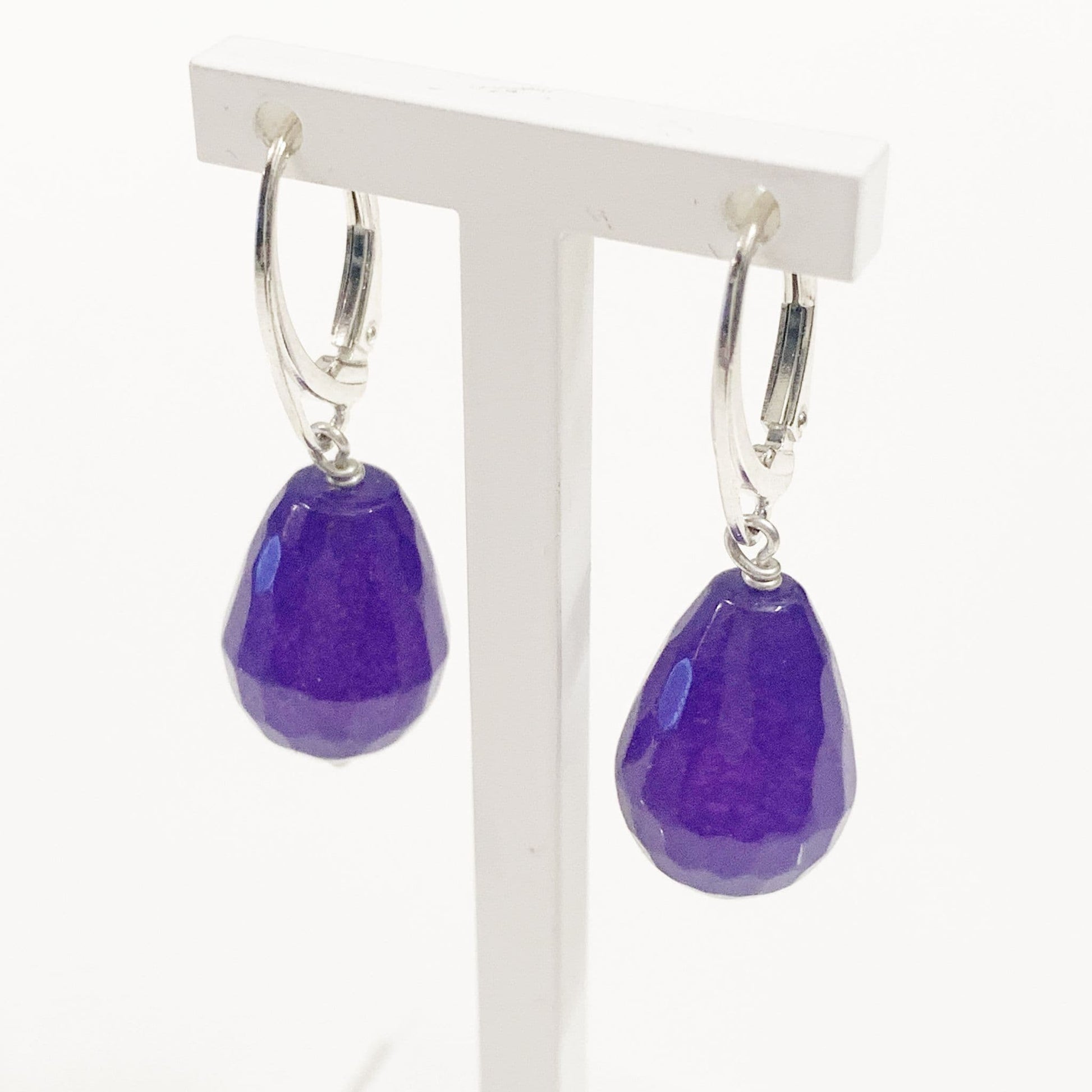 Purple Jade Teardrop Shaped Sterling Silver Drop Earrings