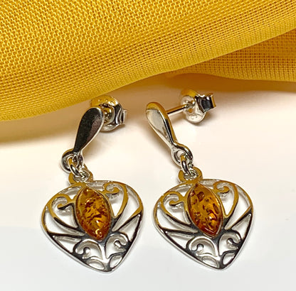 Heart shaped real amber drop earrings made in sterling silver