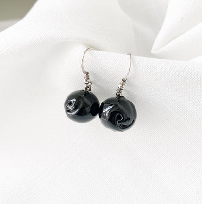 Rose Design Black Murano Glass Drop Earrings