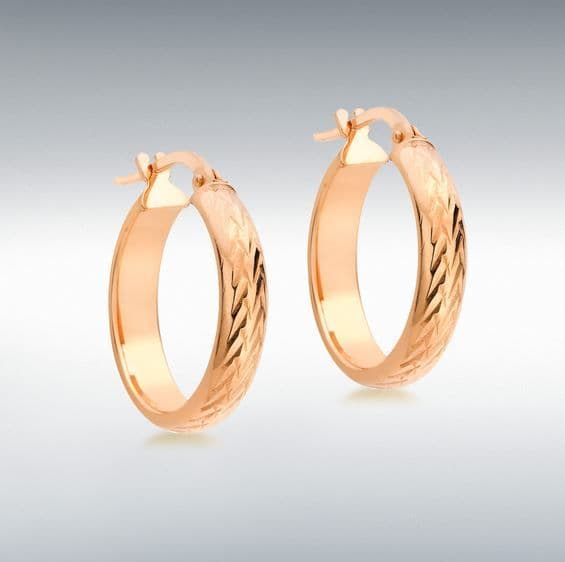 Rose Gold Hoop Creole Earrings With A Diamond Cut Patterned Design 20 mm