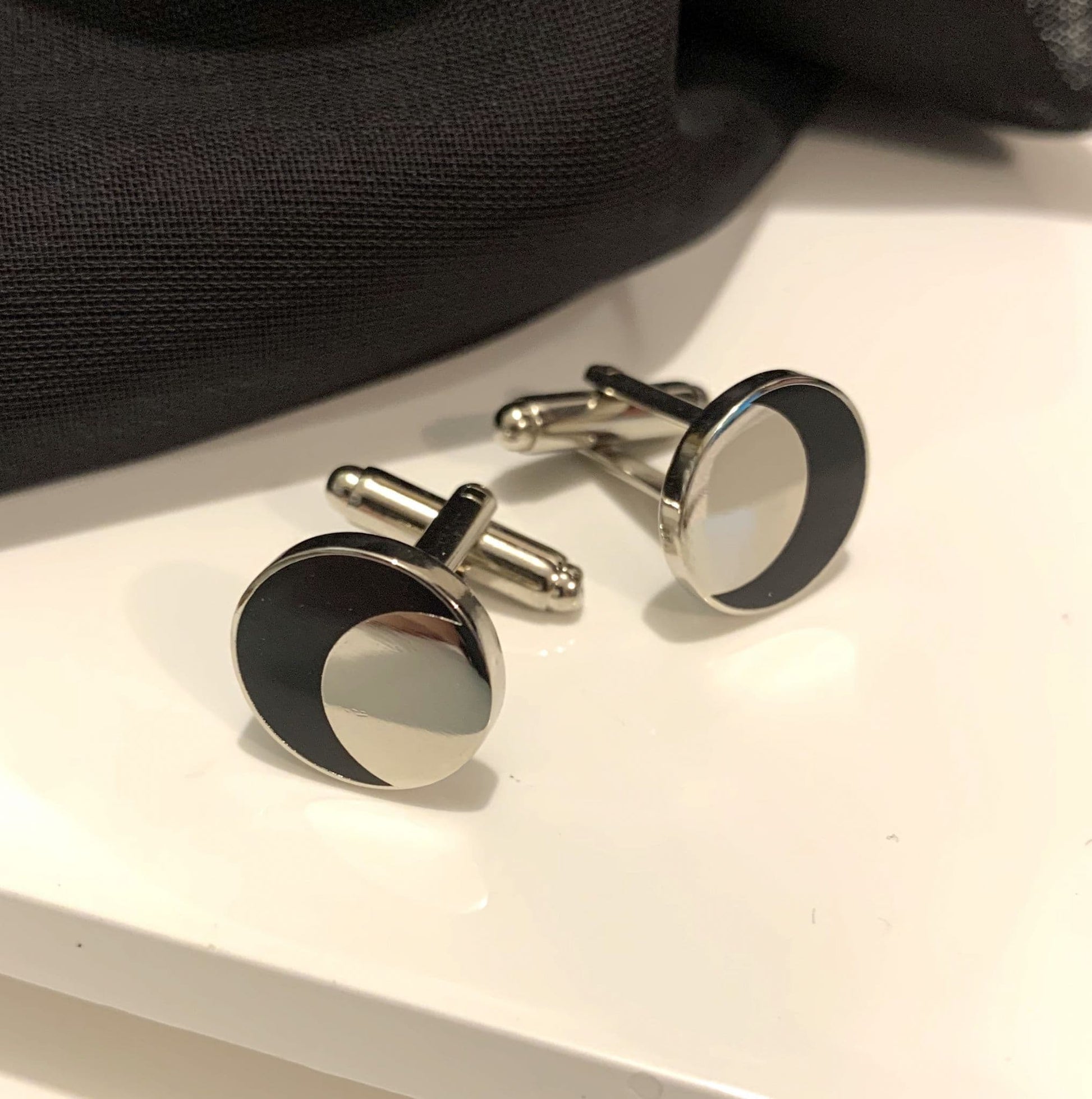 Round circle black and silver coloured silver plated cufflinks