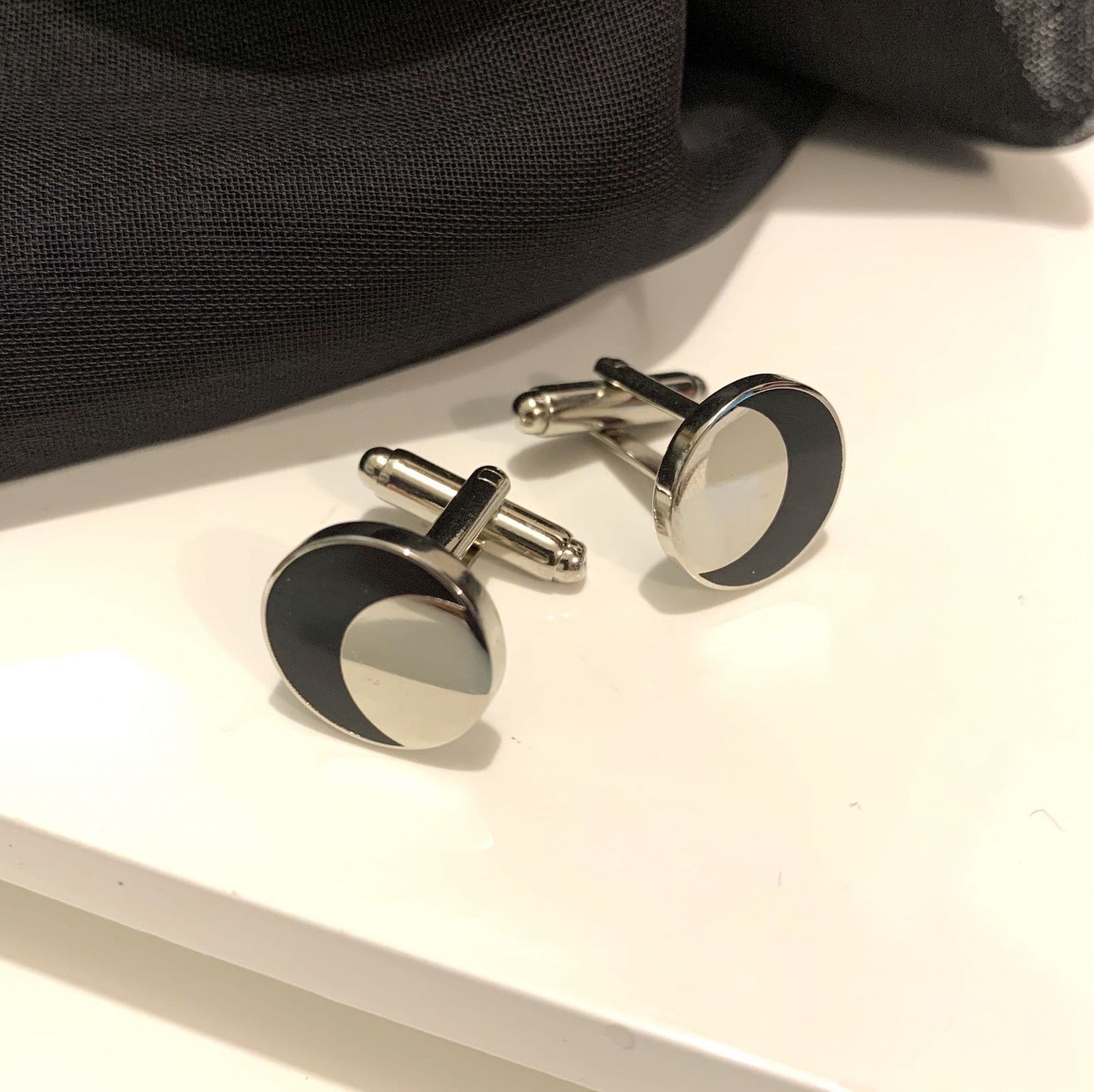 Round circle black and silver coloured silver plated cufflinks