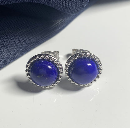 Round dark blue lapis lazuli white gold stud earrings