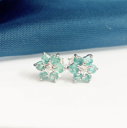 Round Emerald And Diamond Sterling Silver Green Cluster Earrings