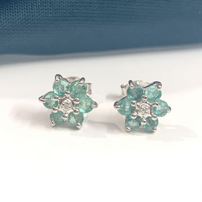 Round Emerald And Diamond Sterling Silver Green Cluster Earrings