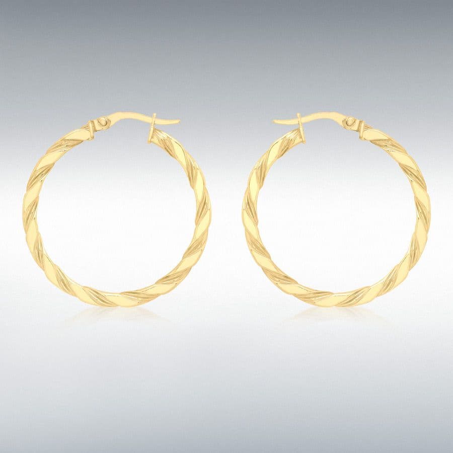 Round yellow gold twisted hoop earrings 30 mm