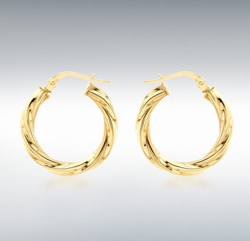 Round yellow gold twisted patterned hoop earrings 20 mm