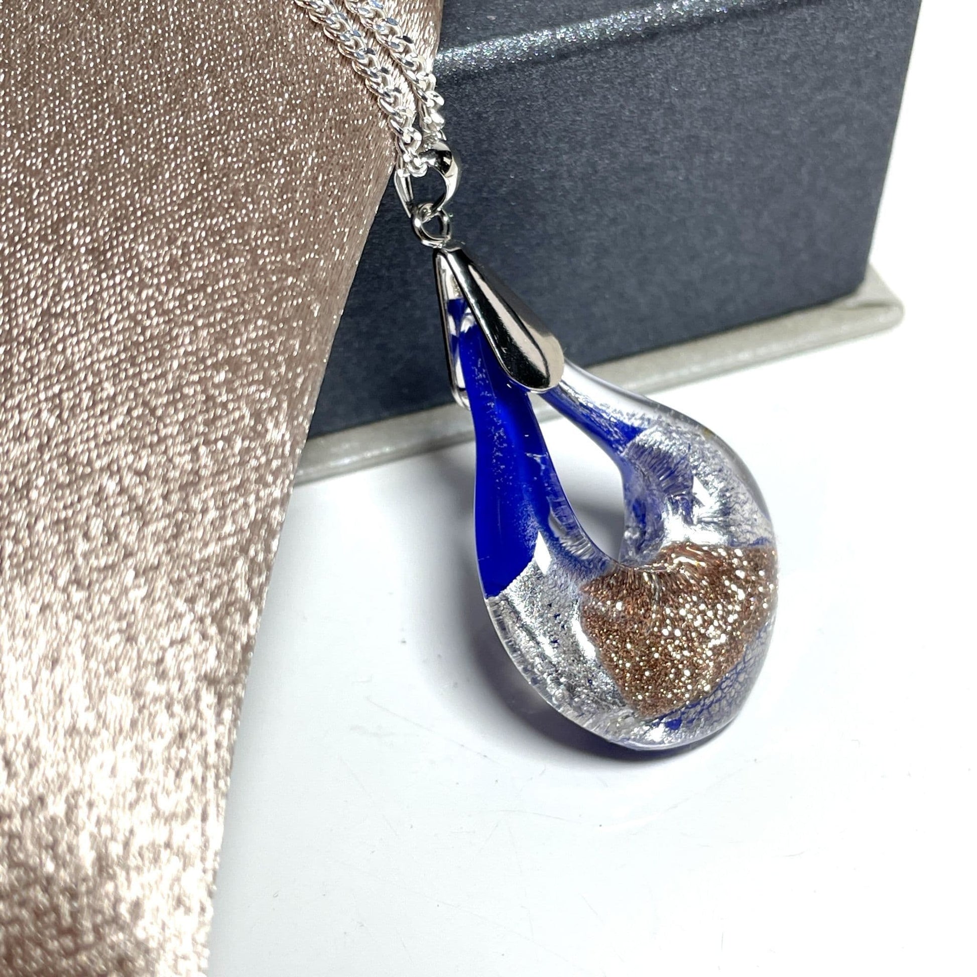 Royal blue Murano glass open teardrop pear shaped necklace