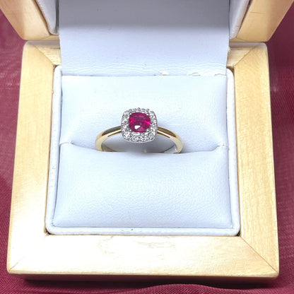 Ruby and Diamond Cushion Yellow Gold Cluster Ring