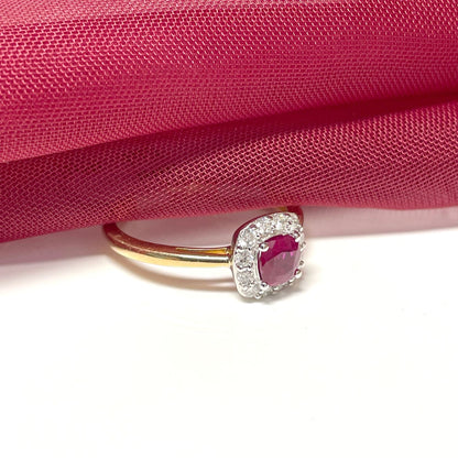 Ruby and Diamond Cushion Yellow Gold Cluster Ring