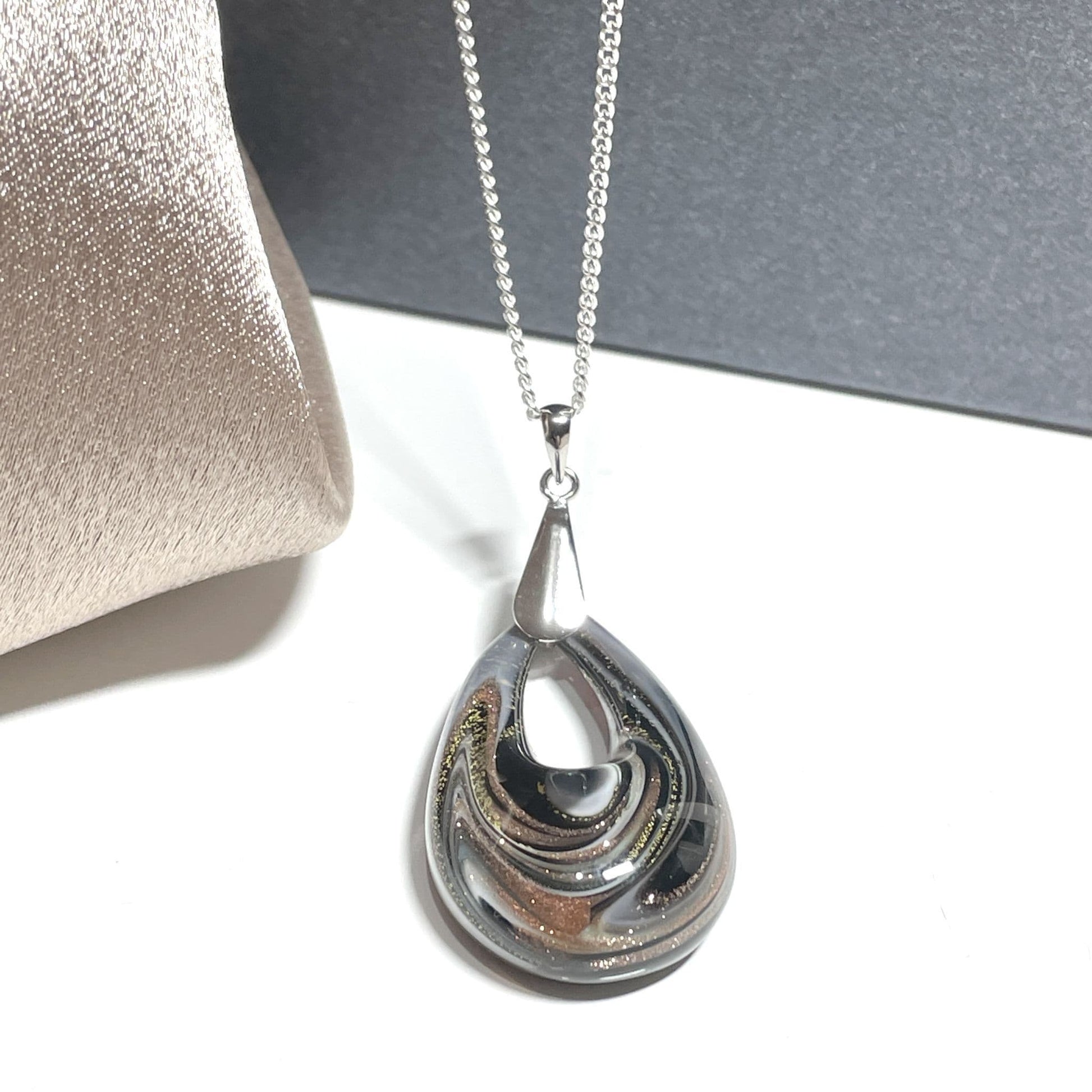 Silver grey & black  Murano glass teardrop necklace