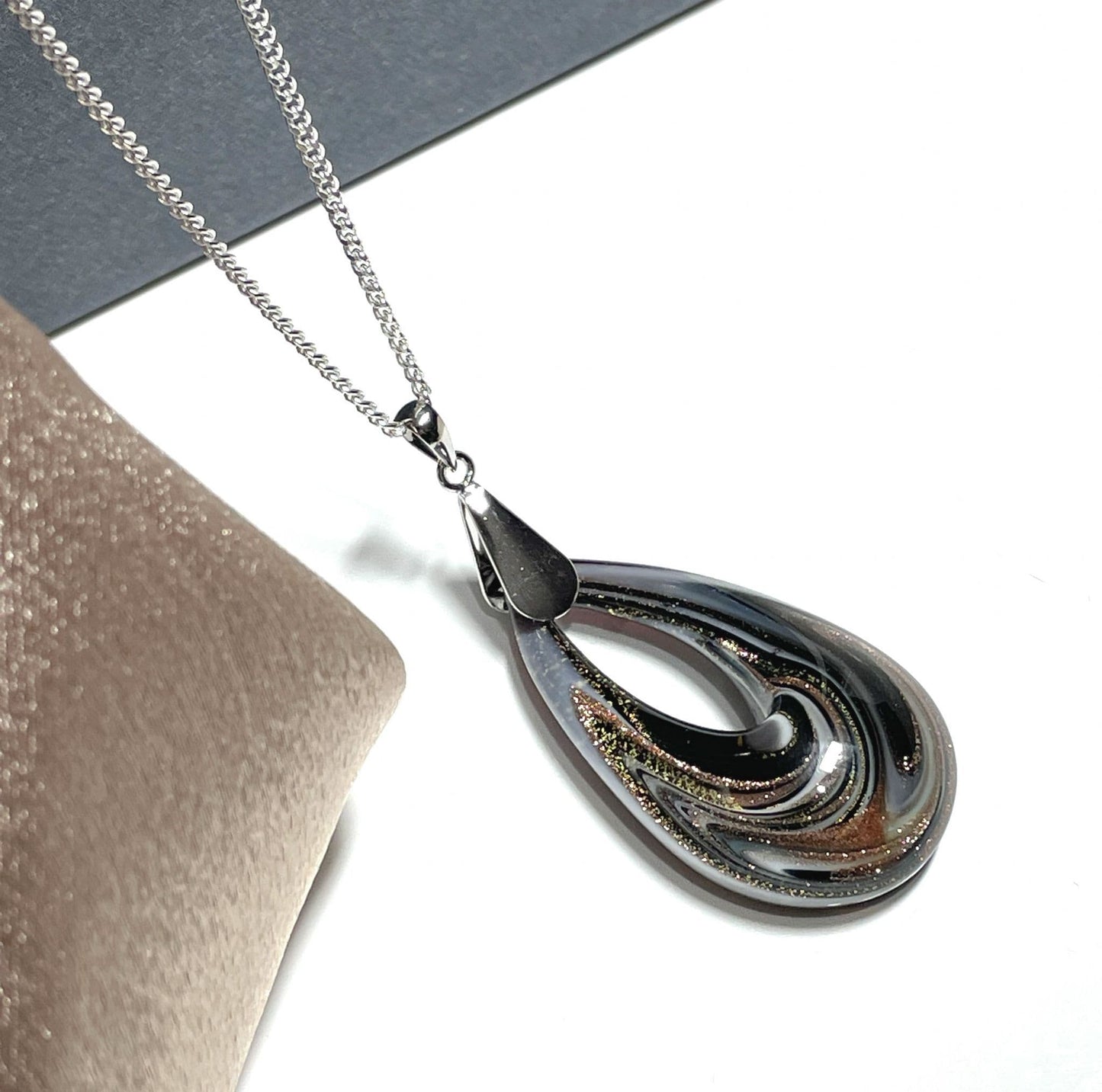 Silver grey & black  Murano glass teardrop necklace
