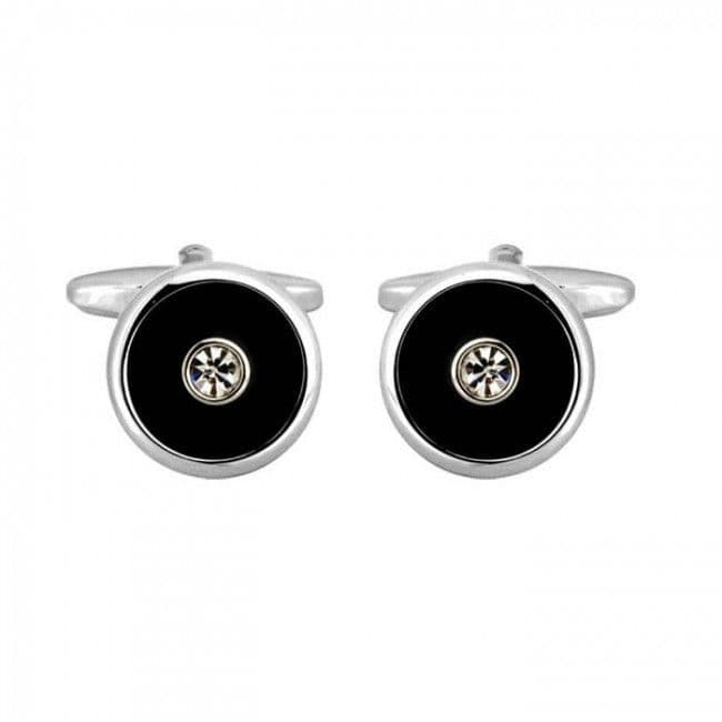 Silver plated black acrylic with centre crystal round cufflinks
