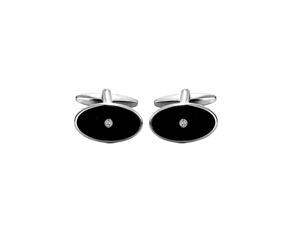 Silver plated black enamel and crystal oval shaped cufflinks