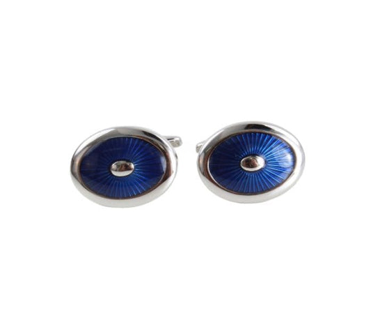 Silver plated blue enamel oval shaped cufflinks