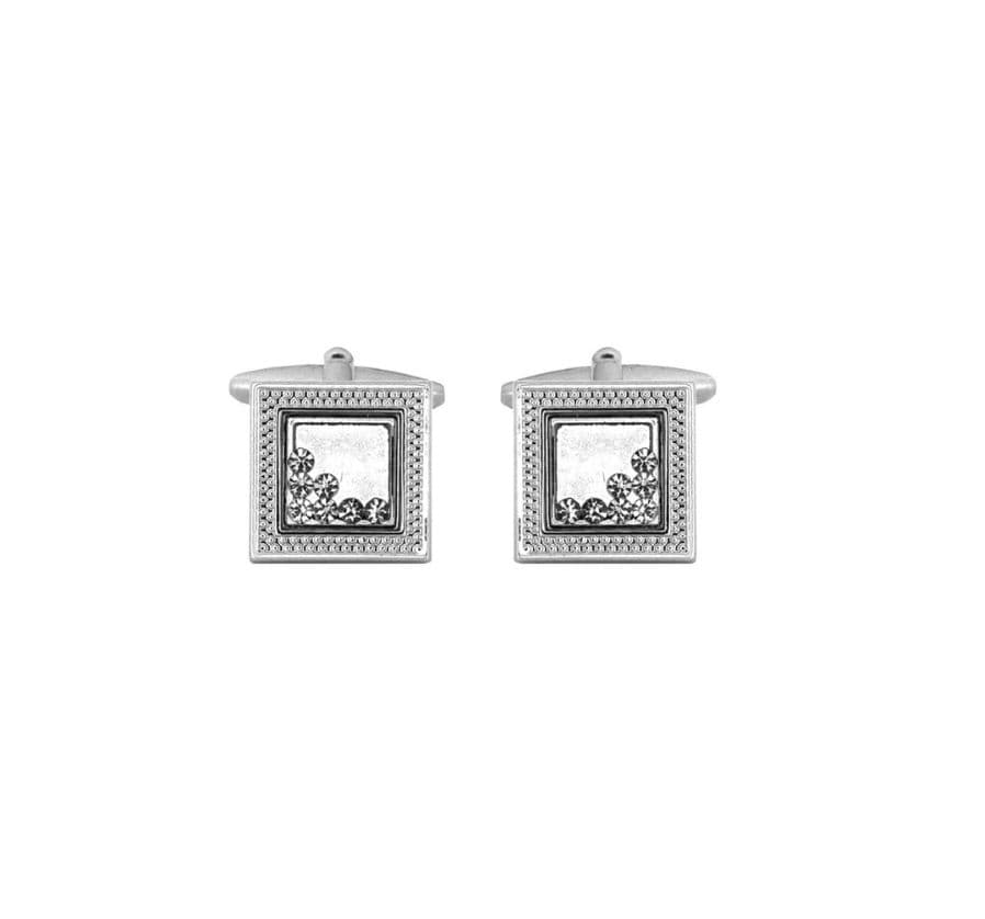 Silver plated moving crystal patterned edge square cufflinks