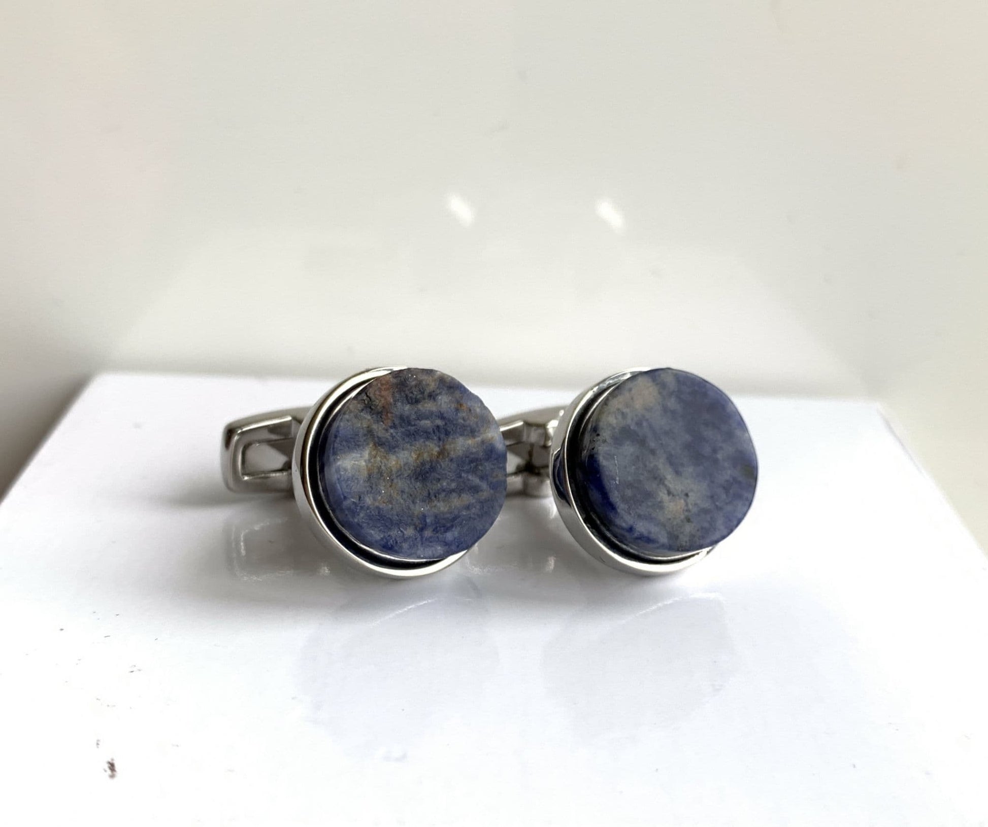 Silver plated round lapis lazuli cufflinks