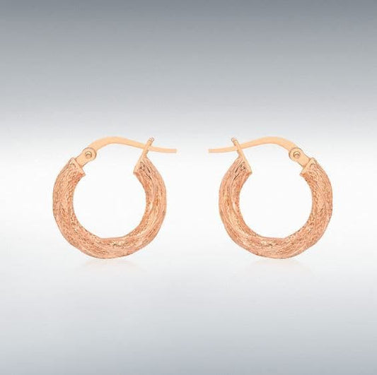 Small rose gold patterned round hoop earrings 15 mm