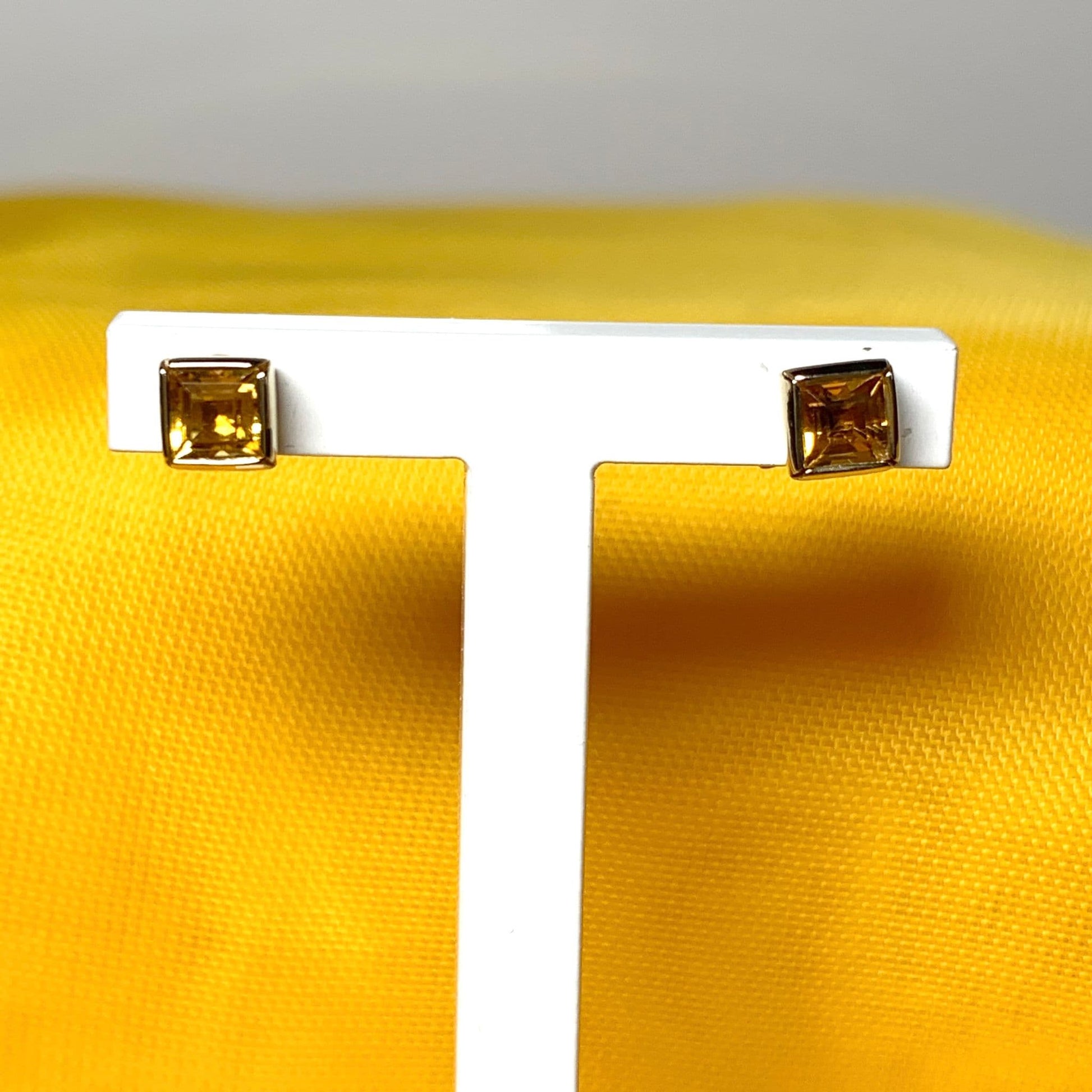 Small square dark yellow citrine gold earrings