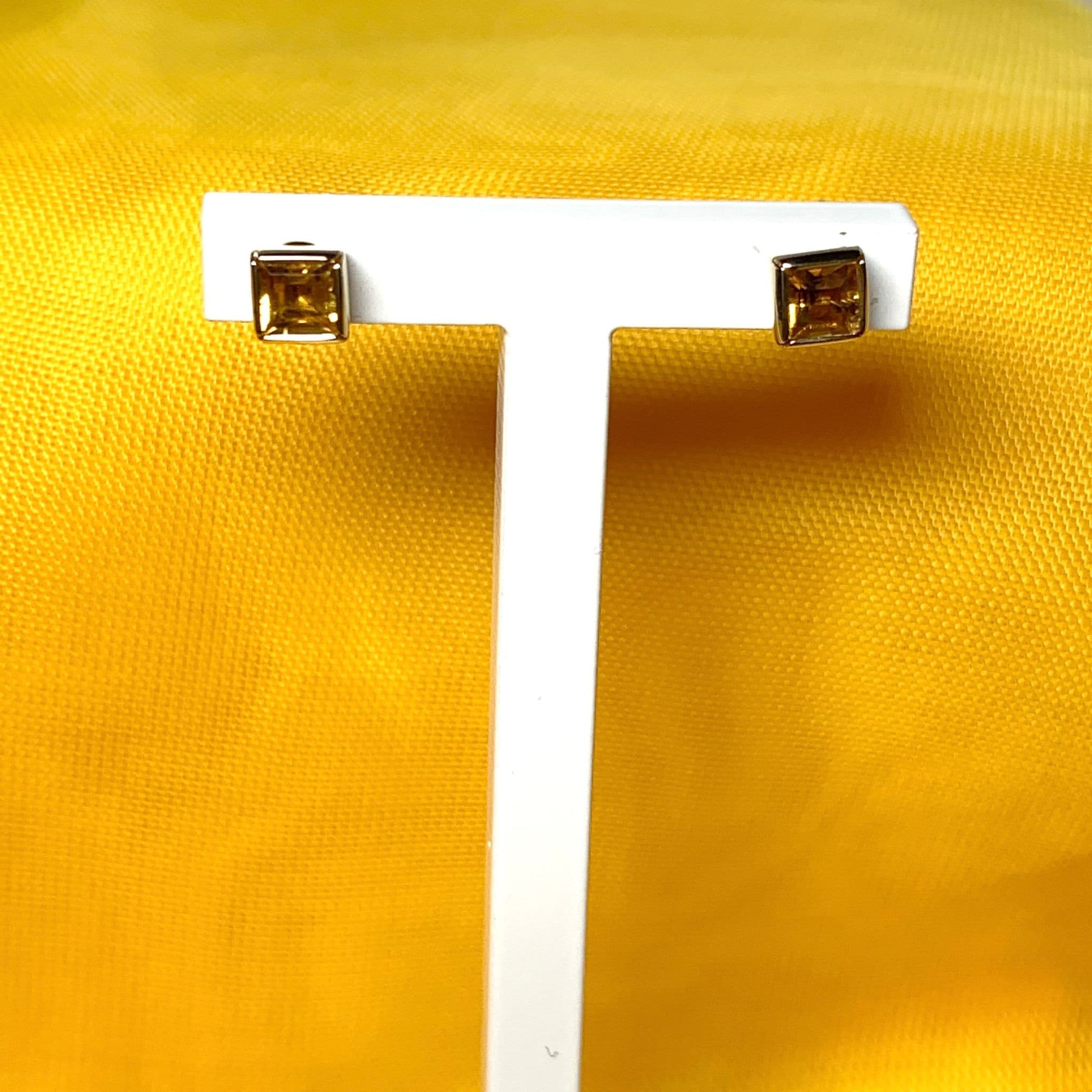 Small square dark yellow citrine gold earrings